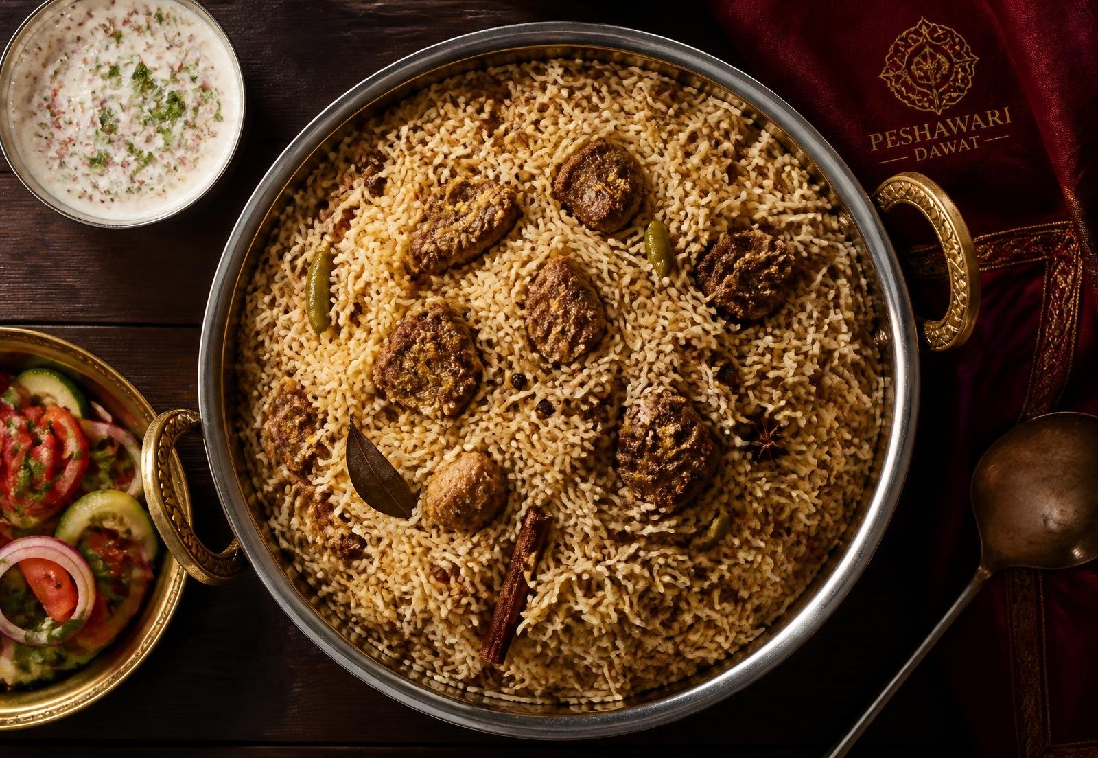 Traditional beef pulao degh served with salad and raita at Haji Faqeer Muhammad Pulao Corner